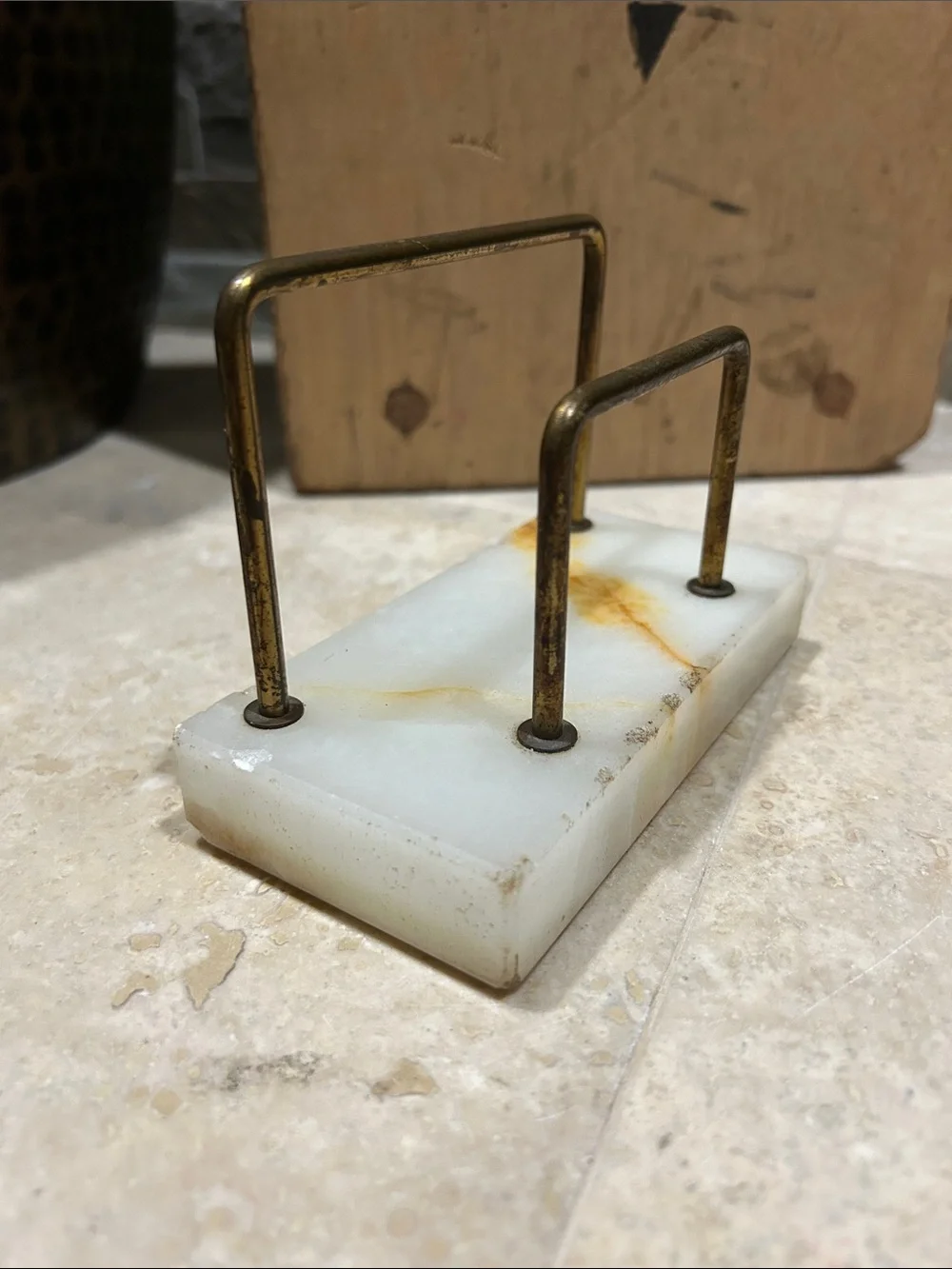 Vintage MCM white marble and brass double-arch letter holder